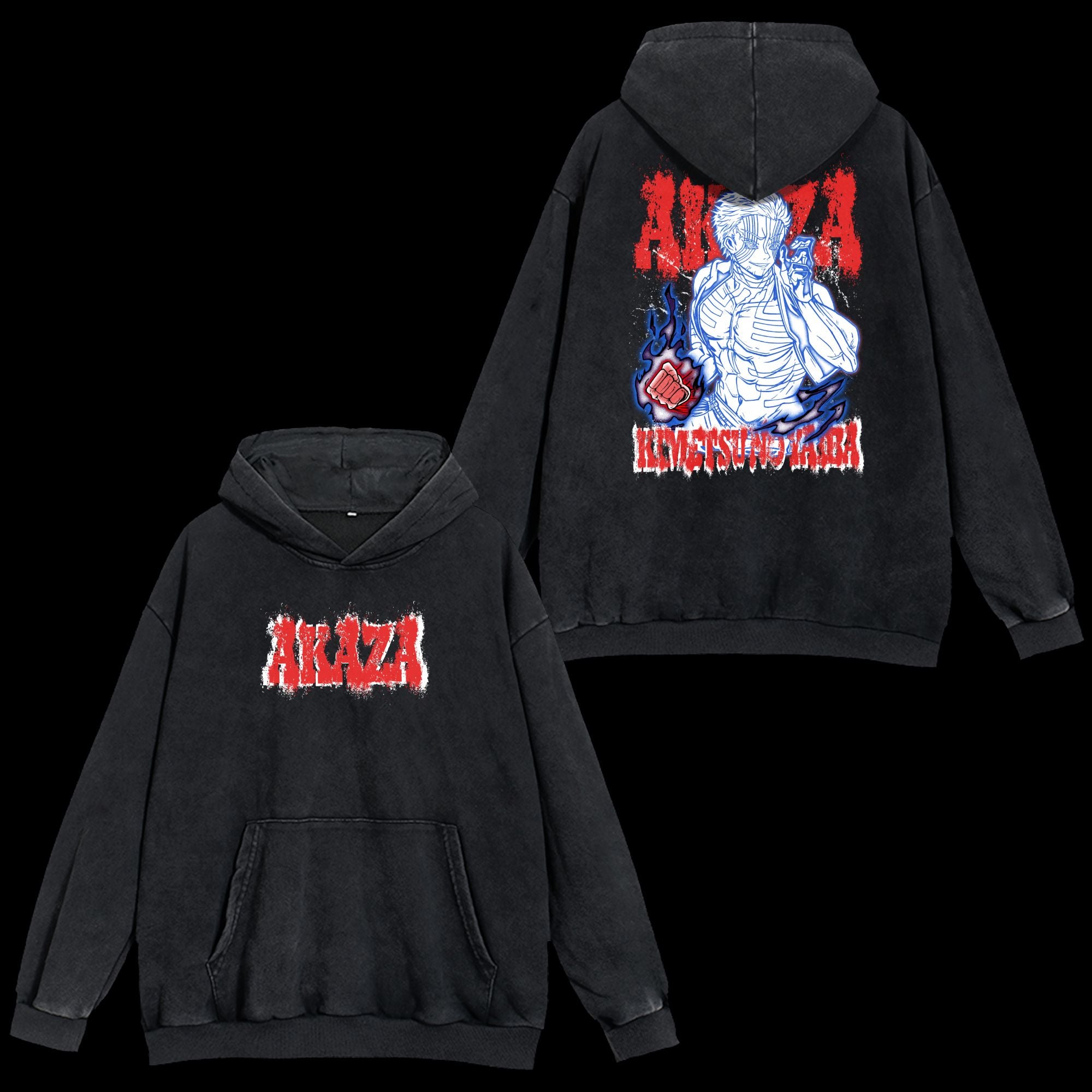 Front and back views of Akaza Vintage Washed Hoodie, showcasing retro Demon Slayer design and vintage washed finish.