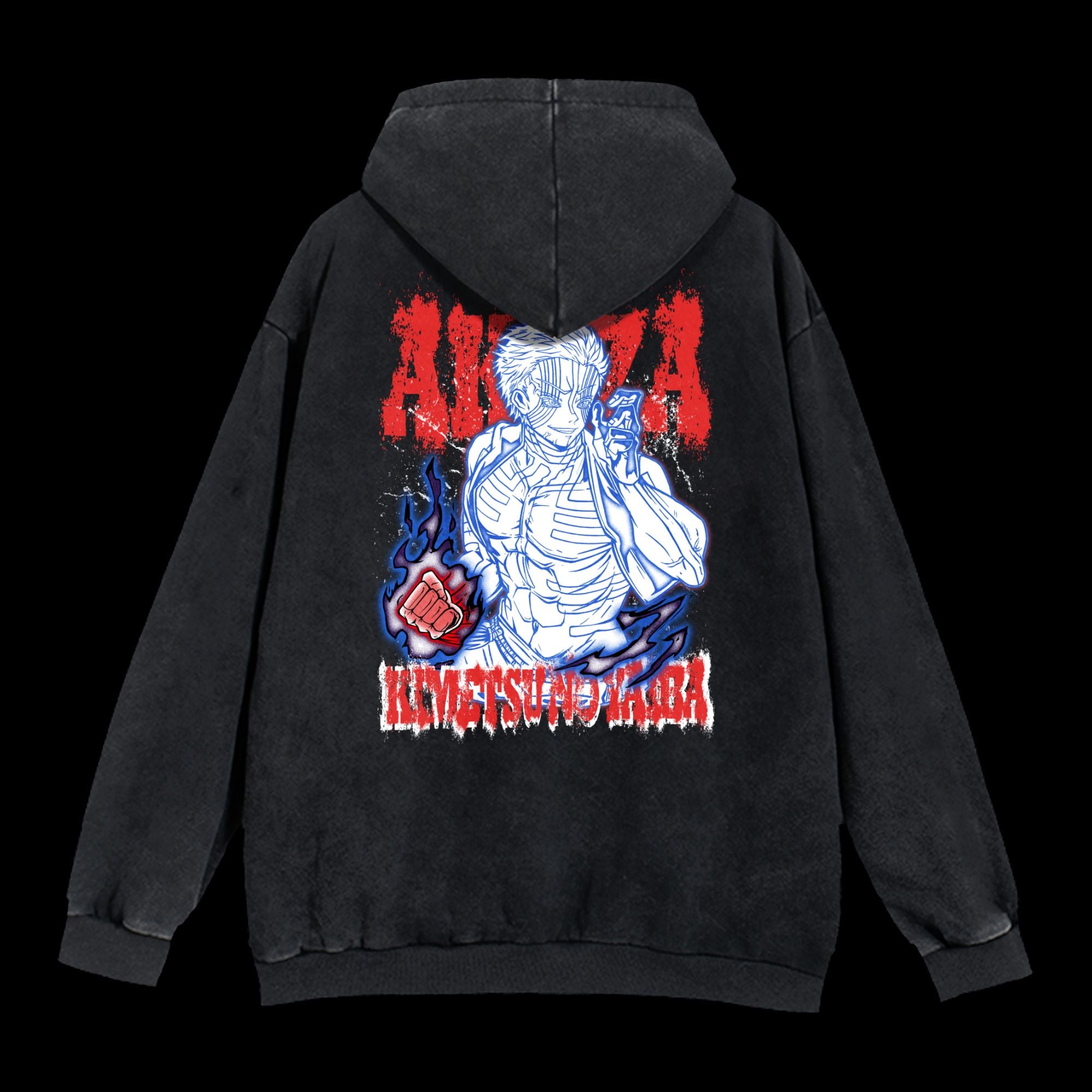 Back view of Akaza Vintage Washed Hoodie with vintage washed finish and anime-inspired design.