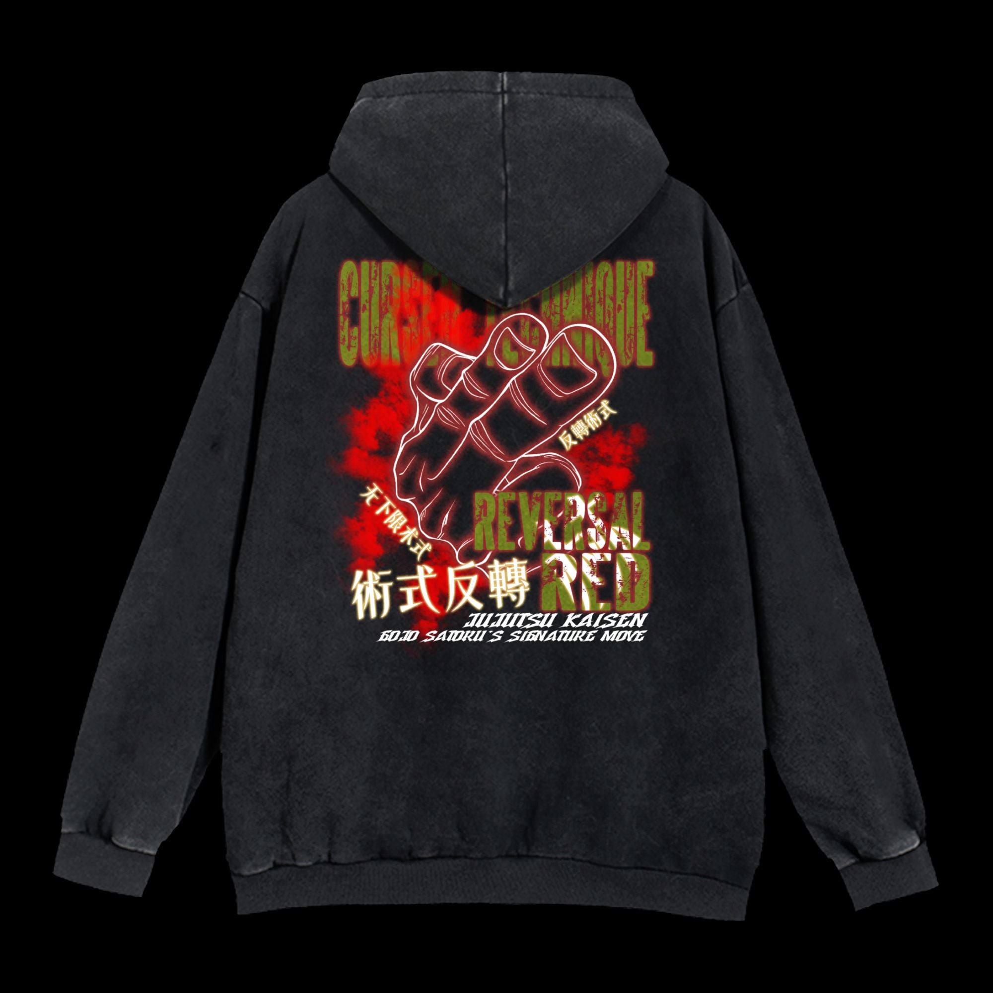 Back view of Gojo Cursed Technique Reversal Washed Hoodie, showcasing stylish washed finish and anime-inspired design