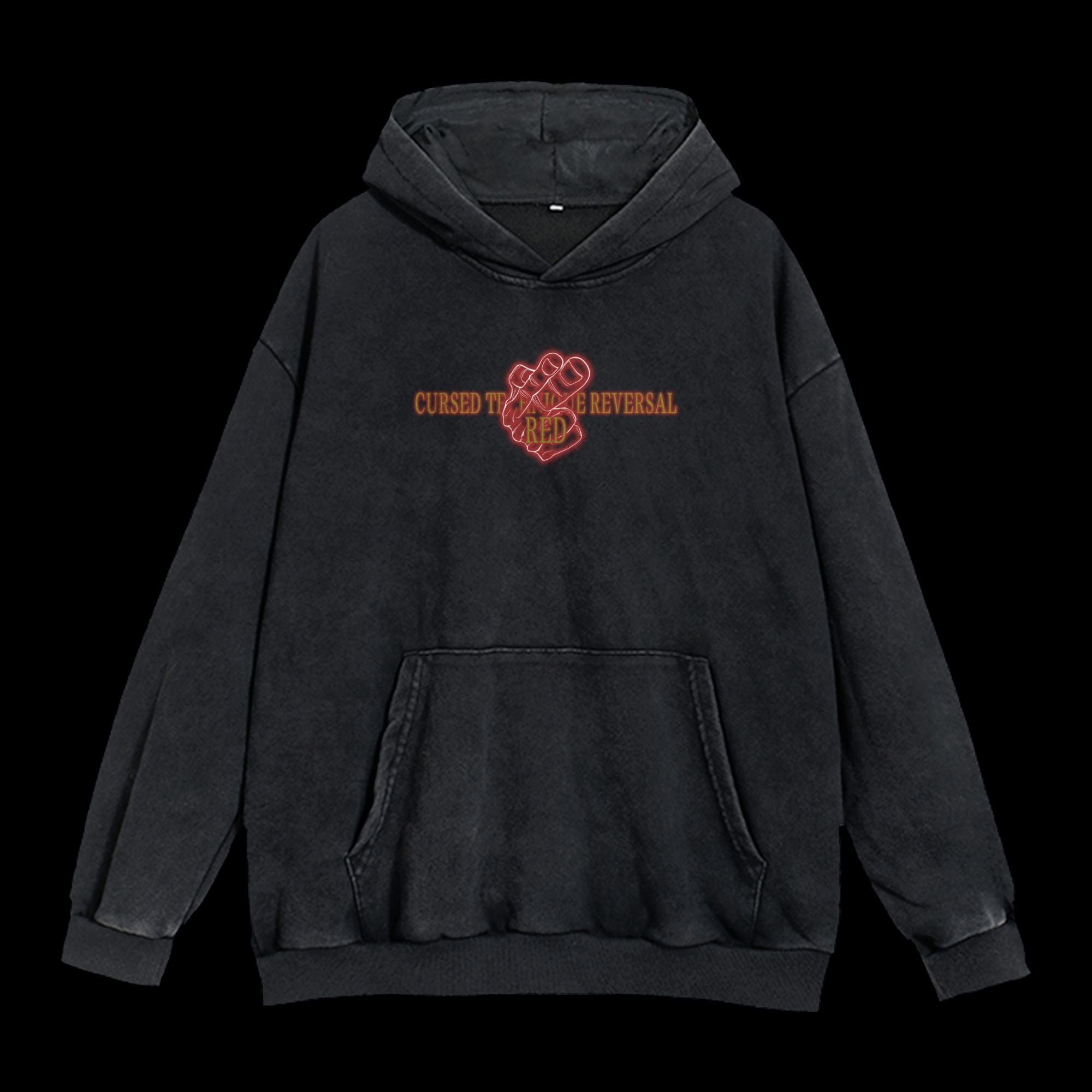 Front view of Gojo Cursed Technique Reversal Washed Hoodie, featuring a vintage washed design inspired by Jujutsu Kaisen's Gojo