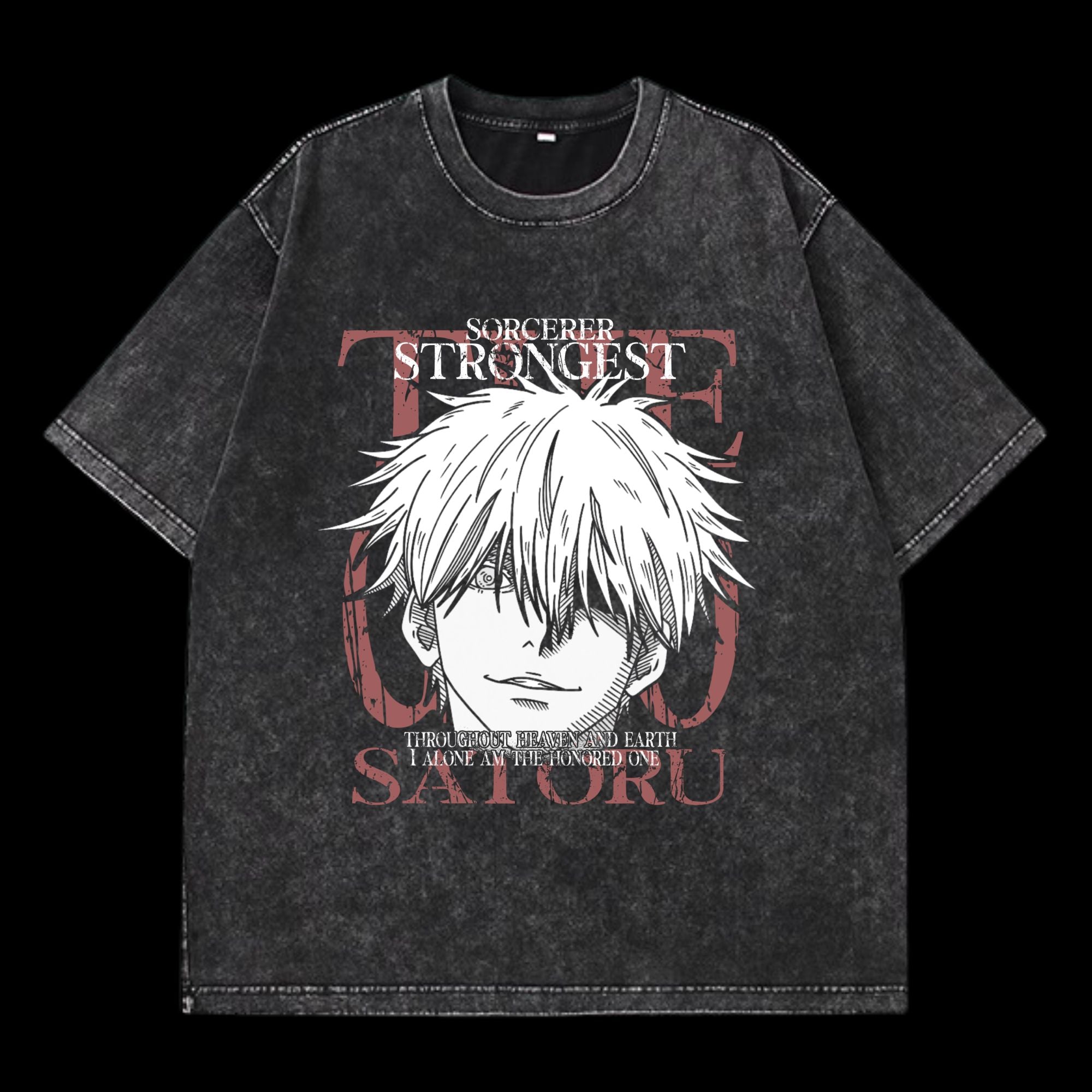 Front view of Gojo Washed T-Shirt, featuring vintage washed design inspired by Jujutsu Kaisen's Gojo.