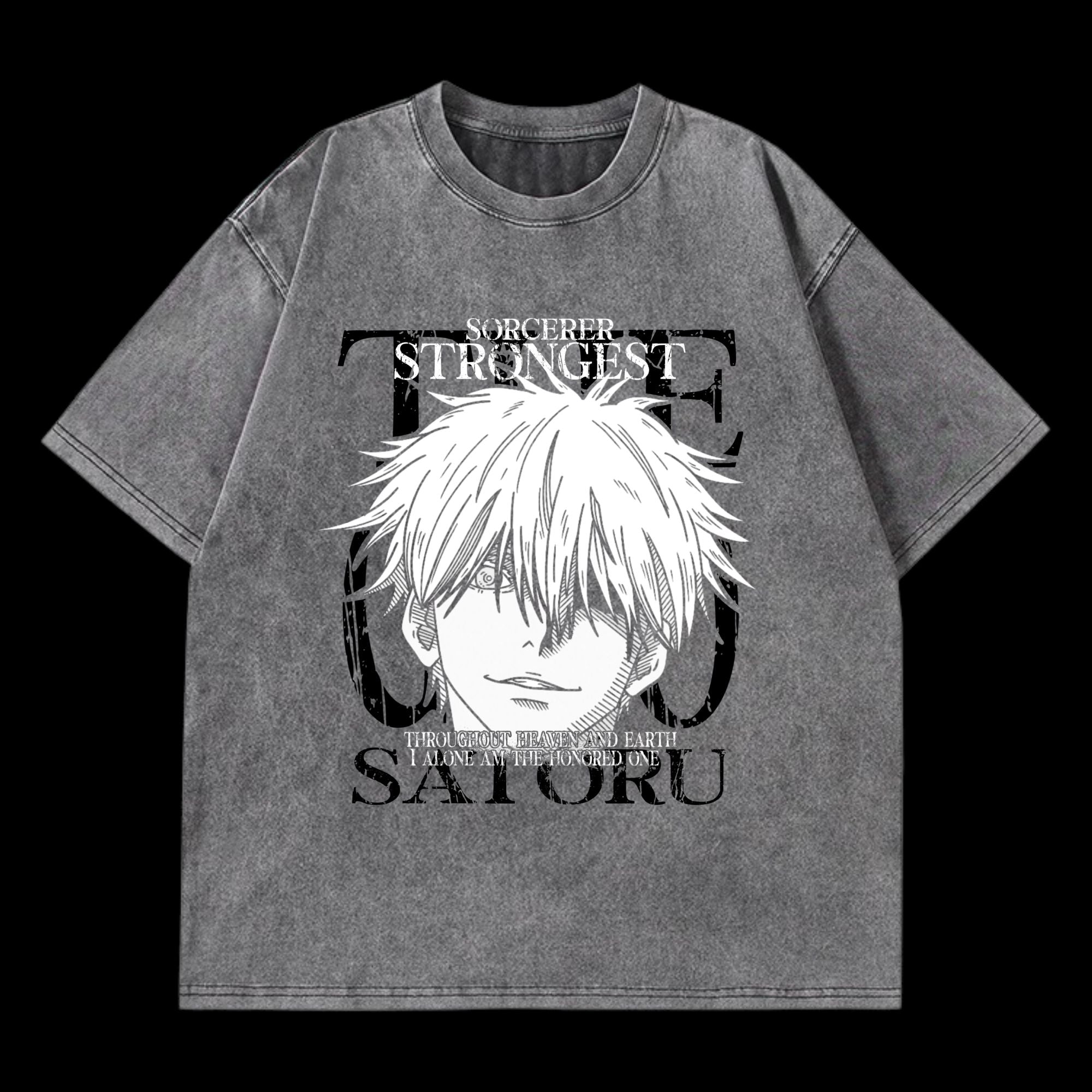 Front view of Gojo Washed T-Shirt, featuring vintage washed design inspired by Jujutsu Kaisen's Gojo.