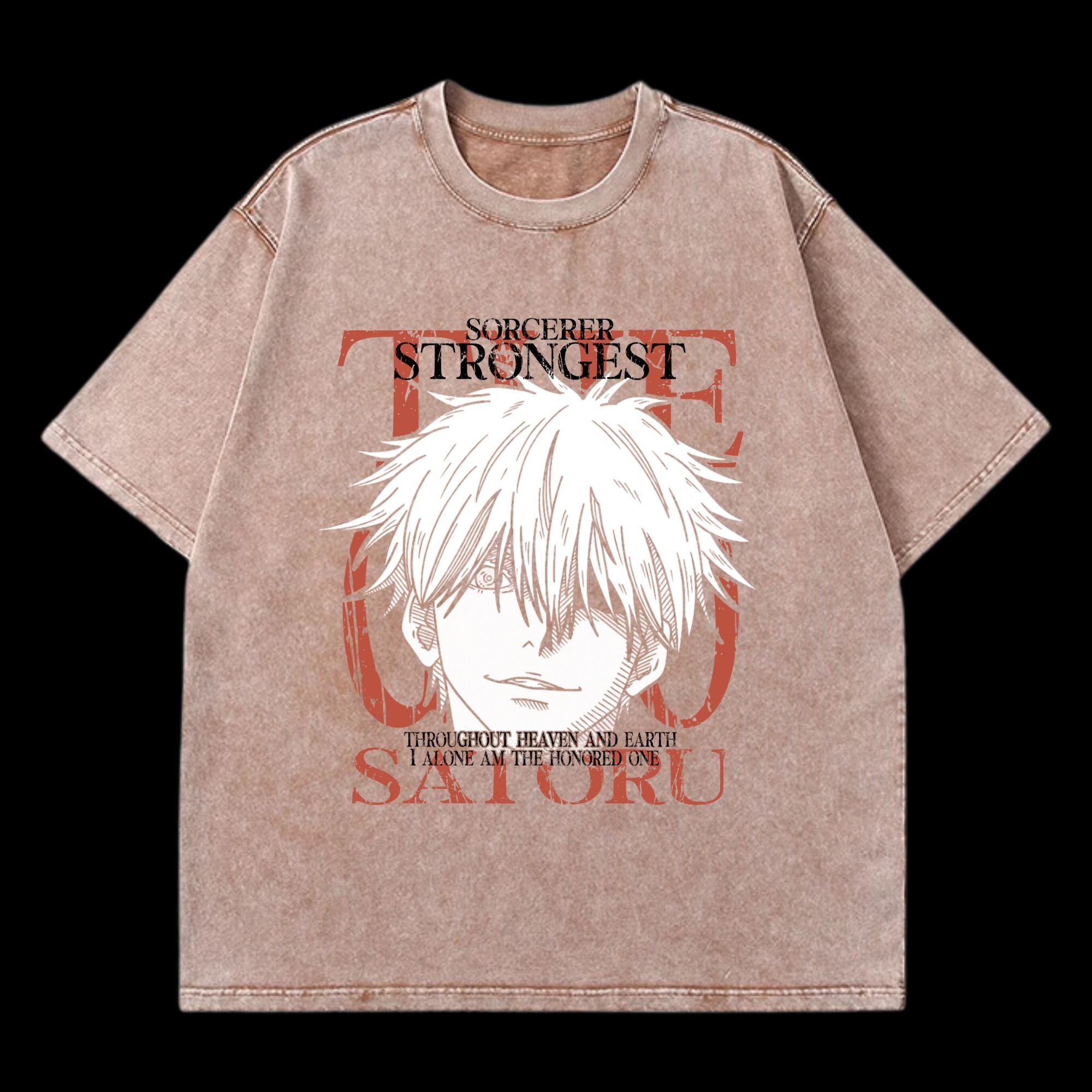 Front view of Gojo Washed T-Shirt, featuring vintage washed design inspired by Jujutsu Kaisen's Gojo.