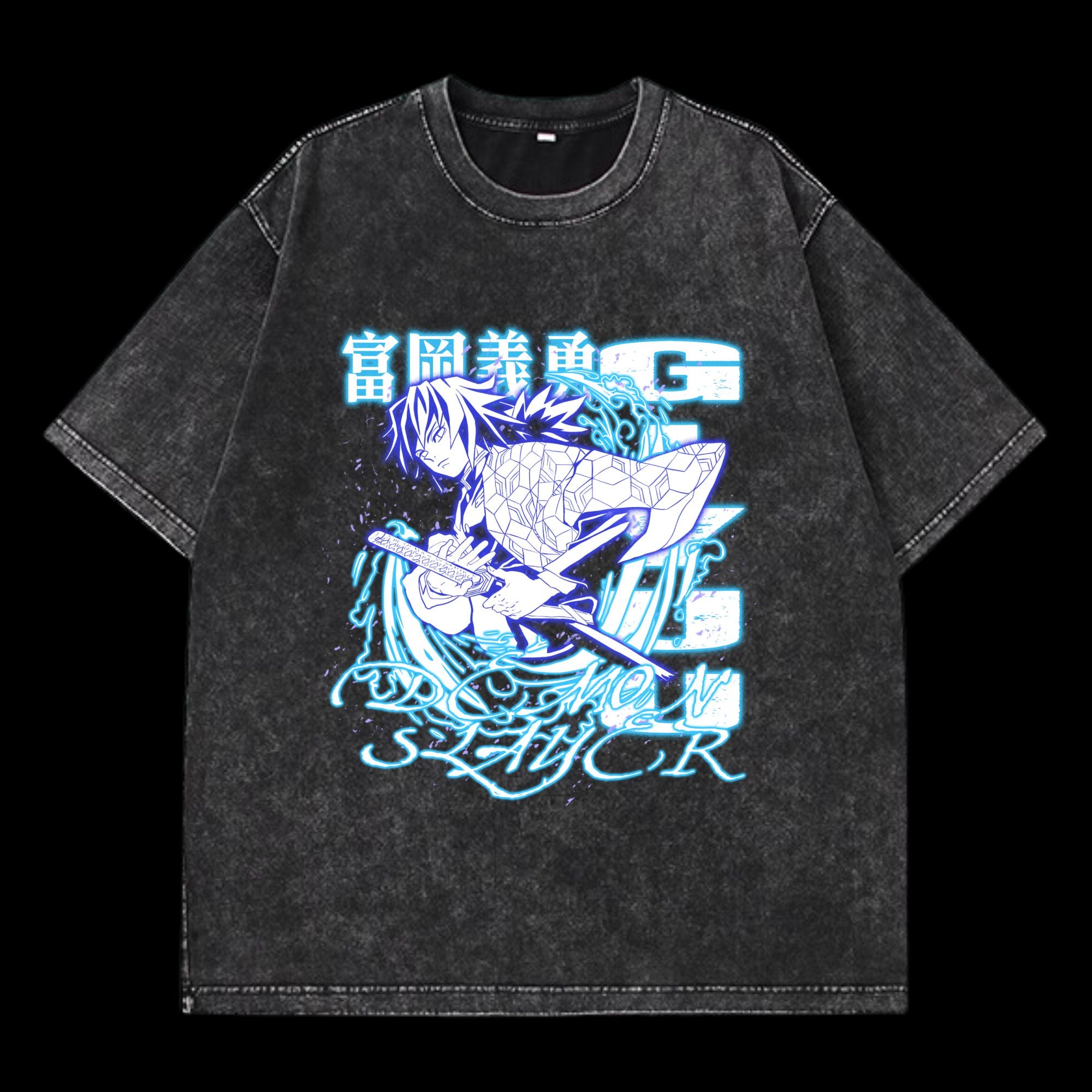 Front view of Giyu Tomioka Washed T-Shirt, featuring a washed design inspired by Demon Slayer's Giyu.