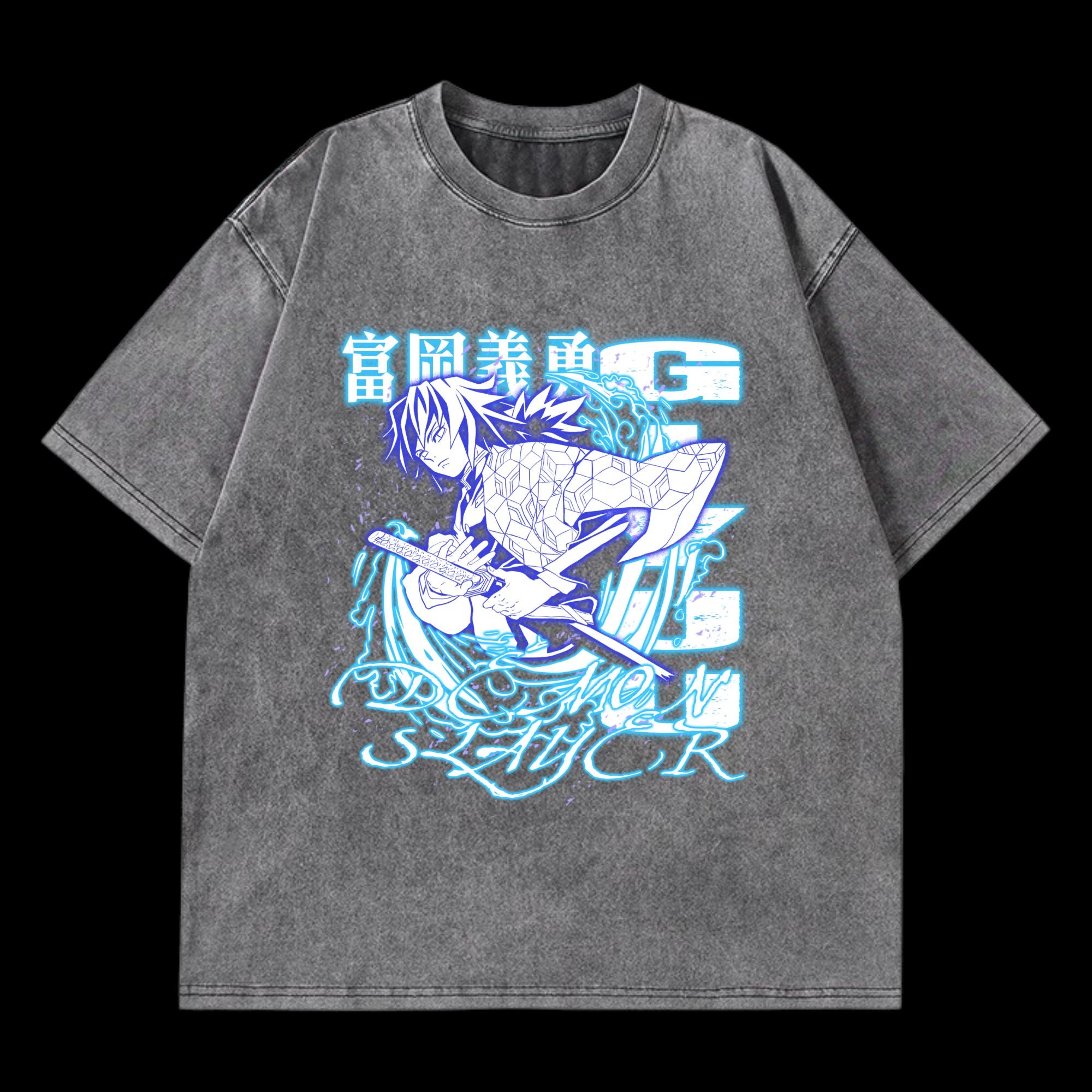 Front view of Giyu Tomioka Washed T-Shirt, featuring a washed design inspired by Demon Slayer's Giyu.