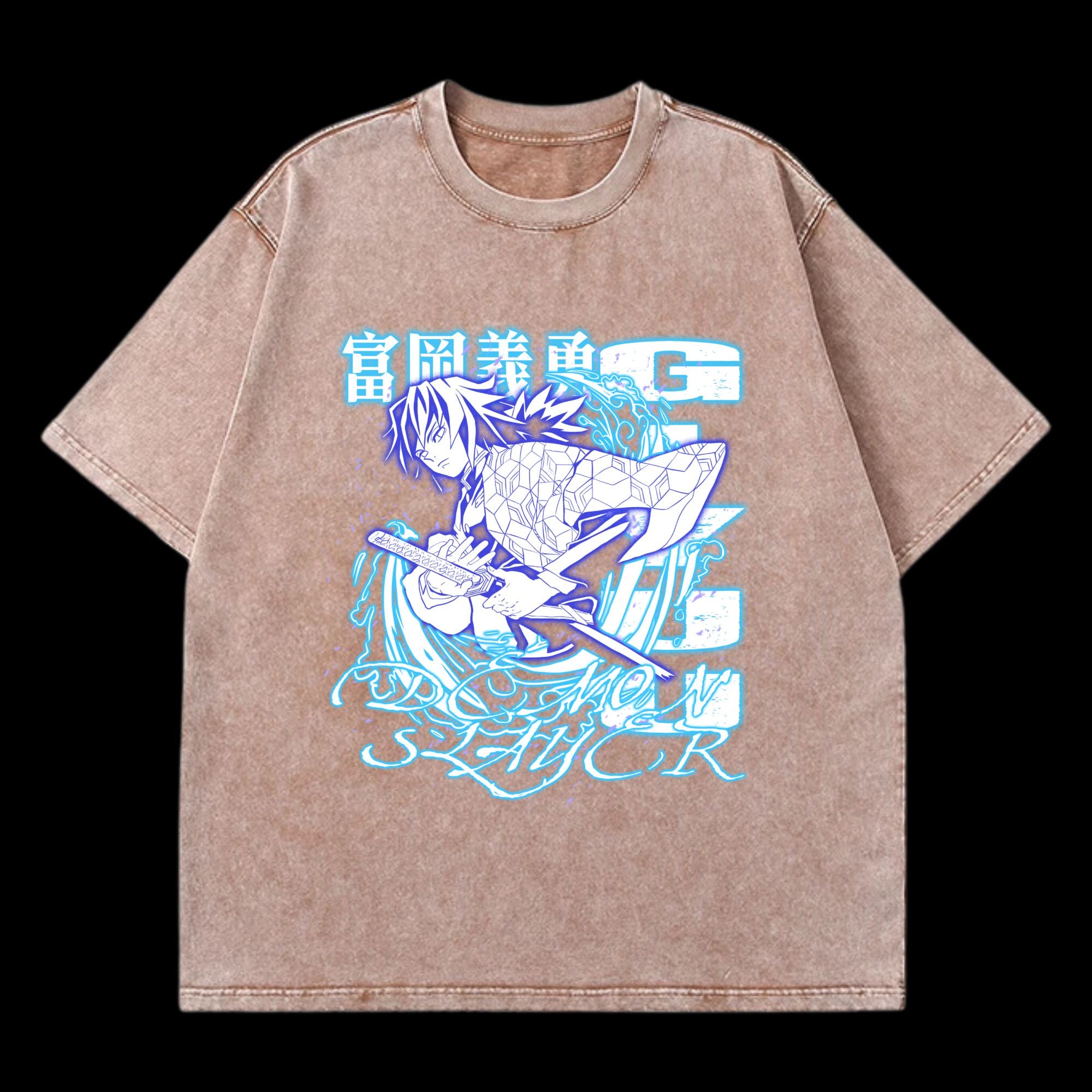 Front view of Giyu Tomioka Washed T-Shirt, featuring a washed design inspired by Demon Slayer's Giyu.