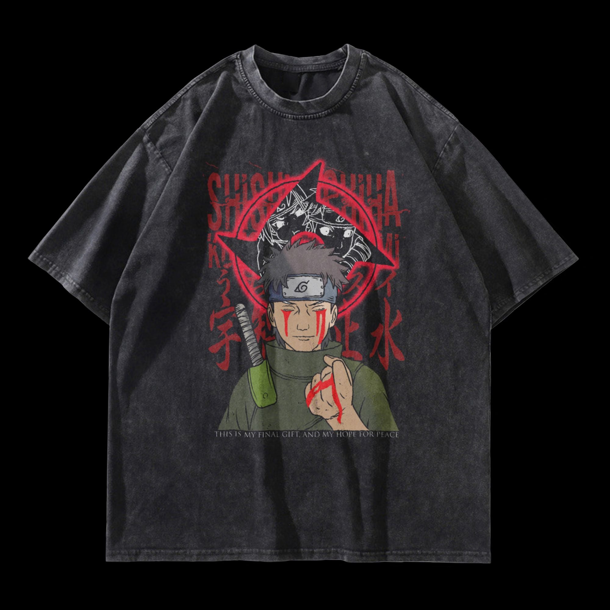 Shisui Uchiha Vintage Washed T-Shirt front view with Naruto anime design