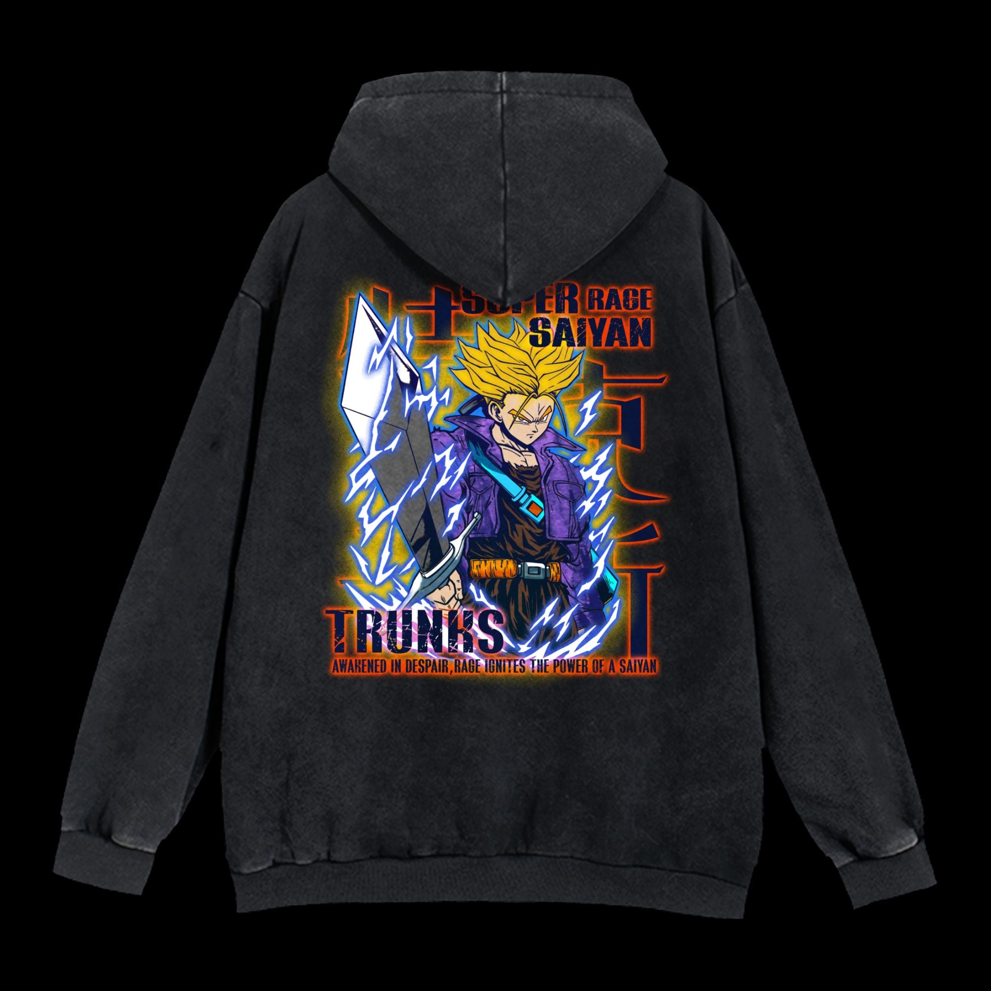 Super Saiyan Rage Trunks Vintage Washed Hoodie back view - Iconic anime style