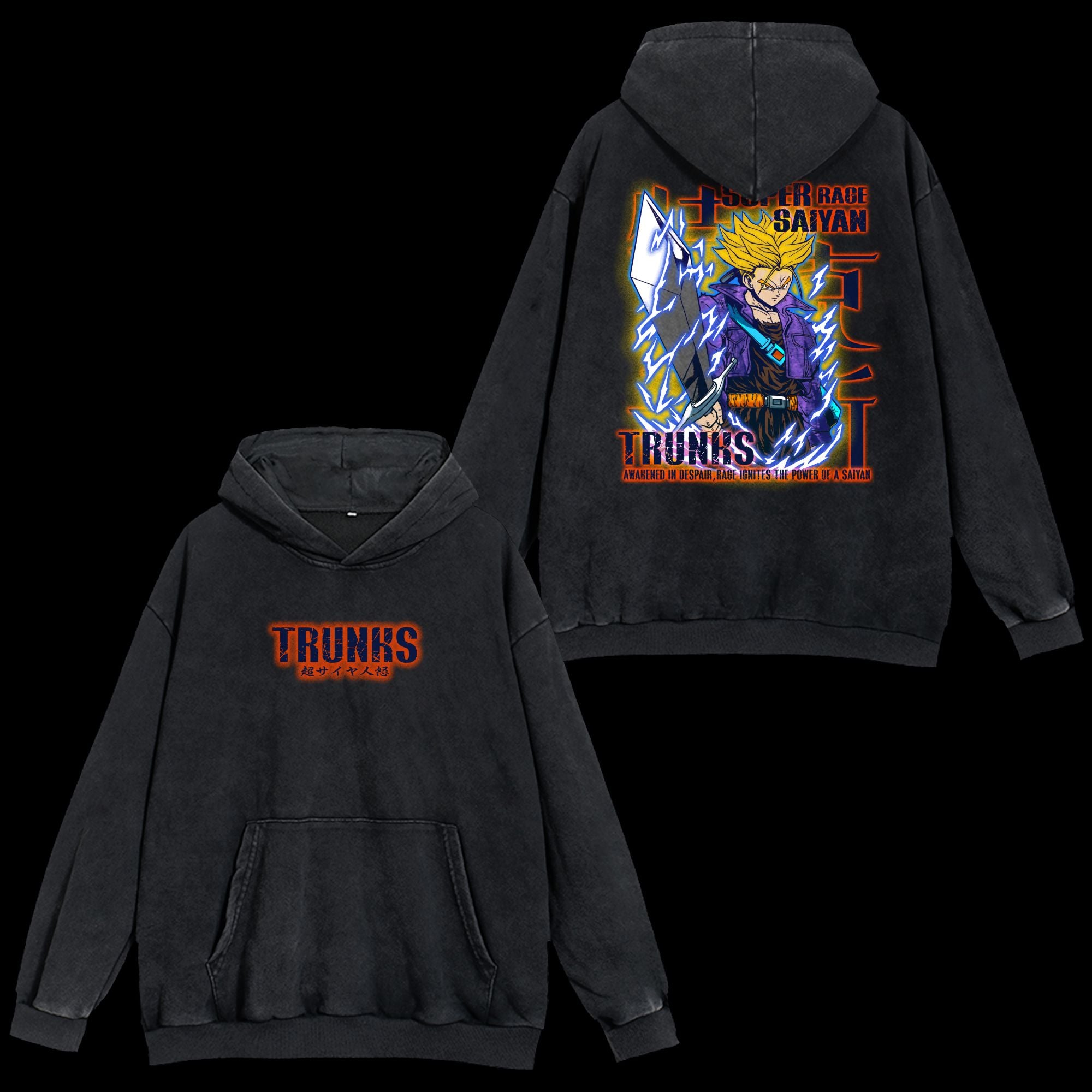 Super Saiyan Rage Trunks Vintage Washed Hoodie detail - Retro washed design