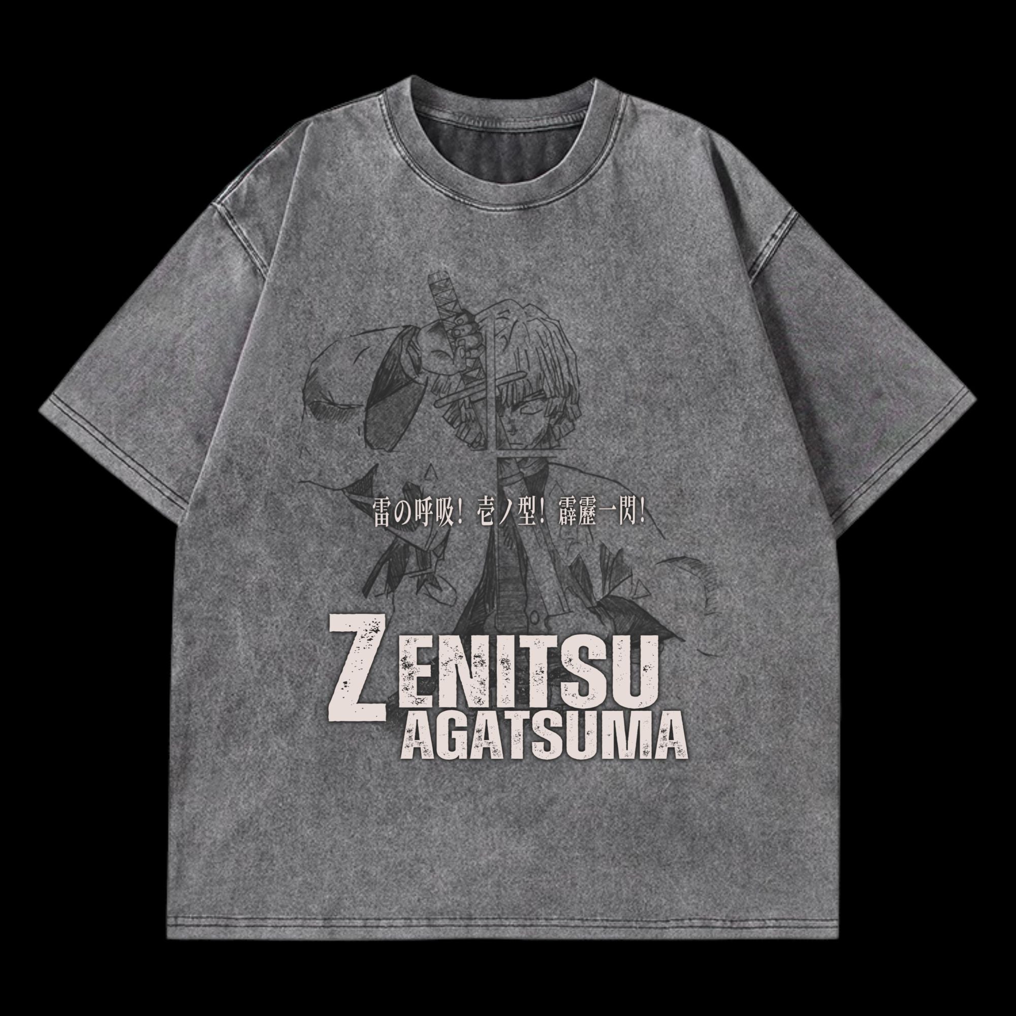 Front view of Zenitsu Agatsuma Washed T-Shirt, featuring a unique washed design inspired by Demon Slayer's Zenitsu