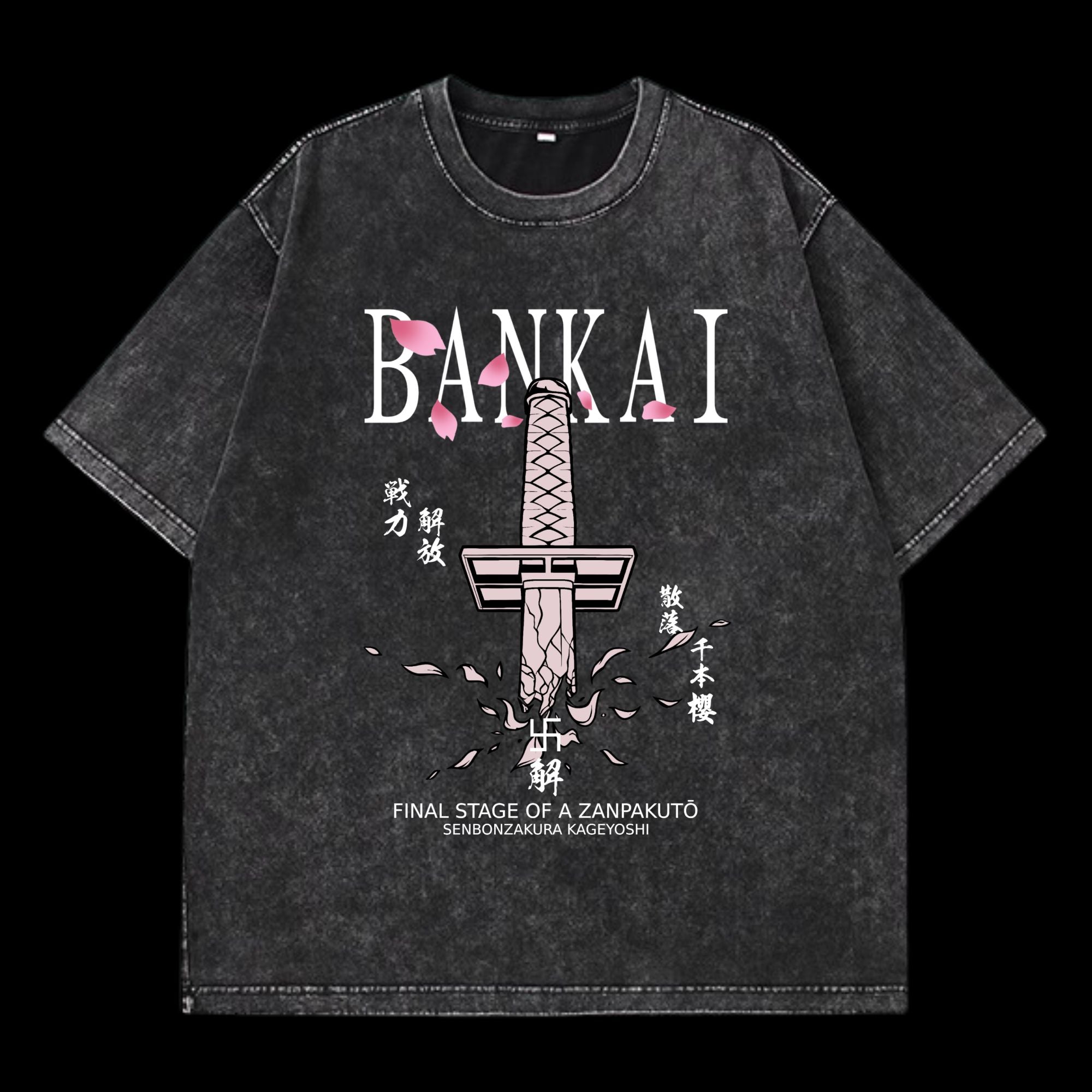 Front view of Bankai Washed T-Shirt, featuring a vintage washed design inspired by Bleach.