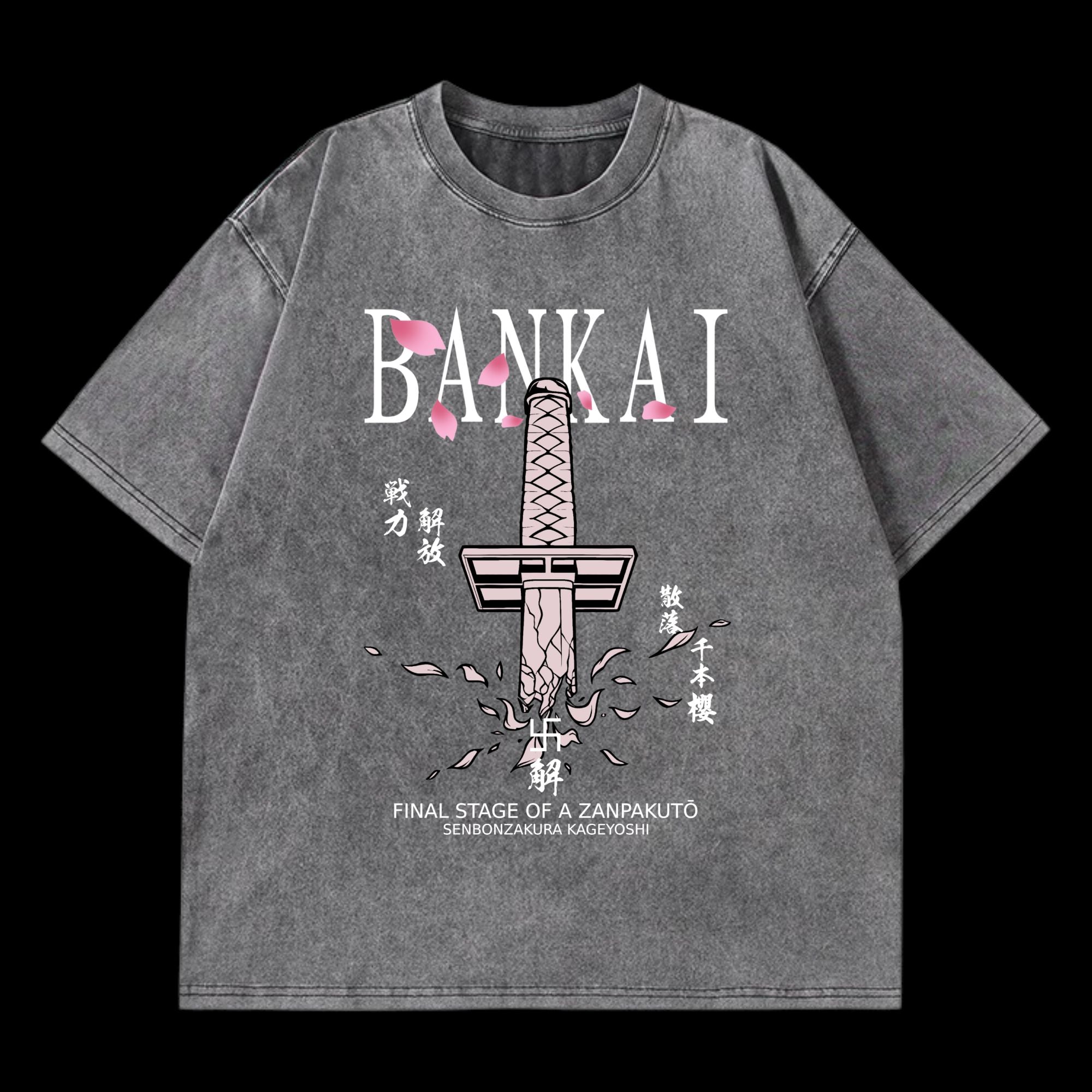 Front view of Bankai Washed T-Shirt, featuring a vintage washed design inspired by Bleach.