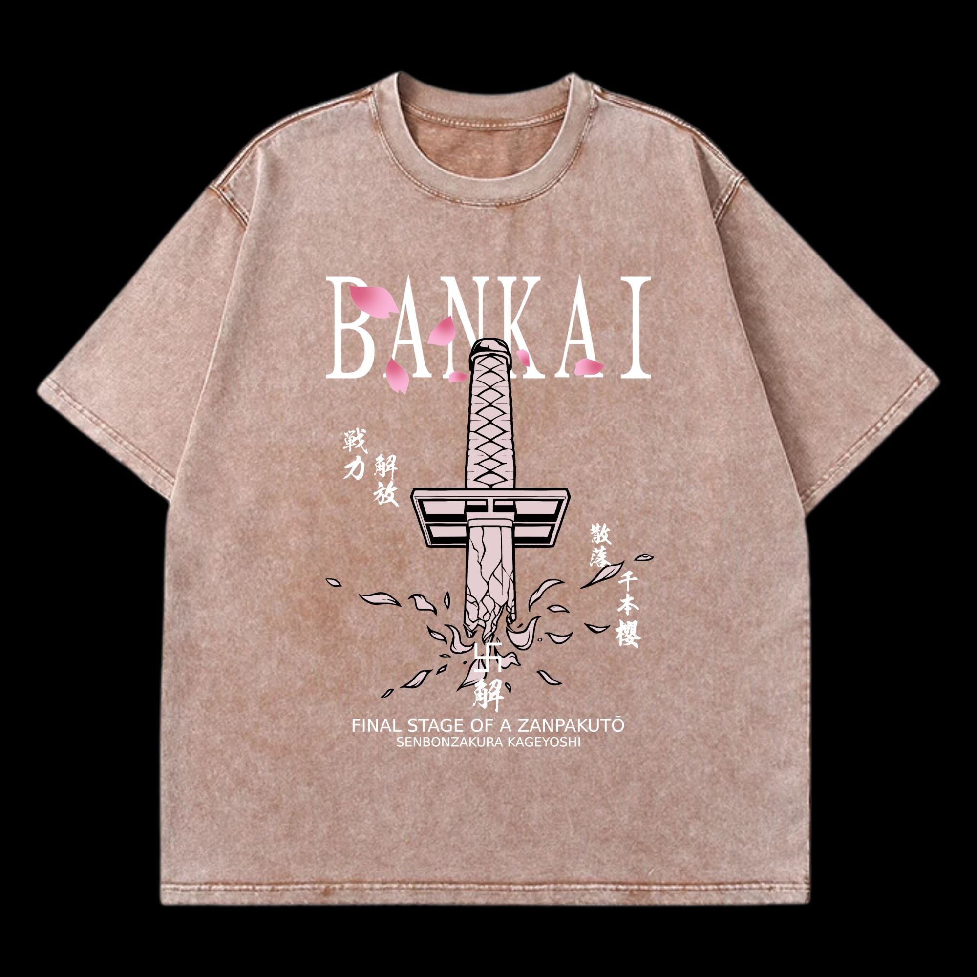 Front view of Bankai Washed T-Shirt, featuring a vintage washed design inspired by Bleach.