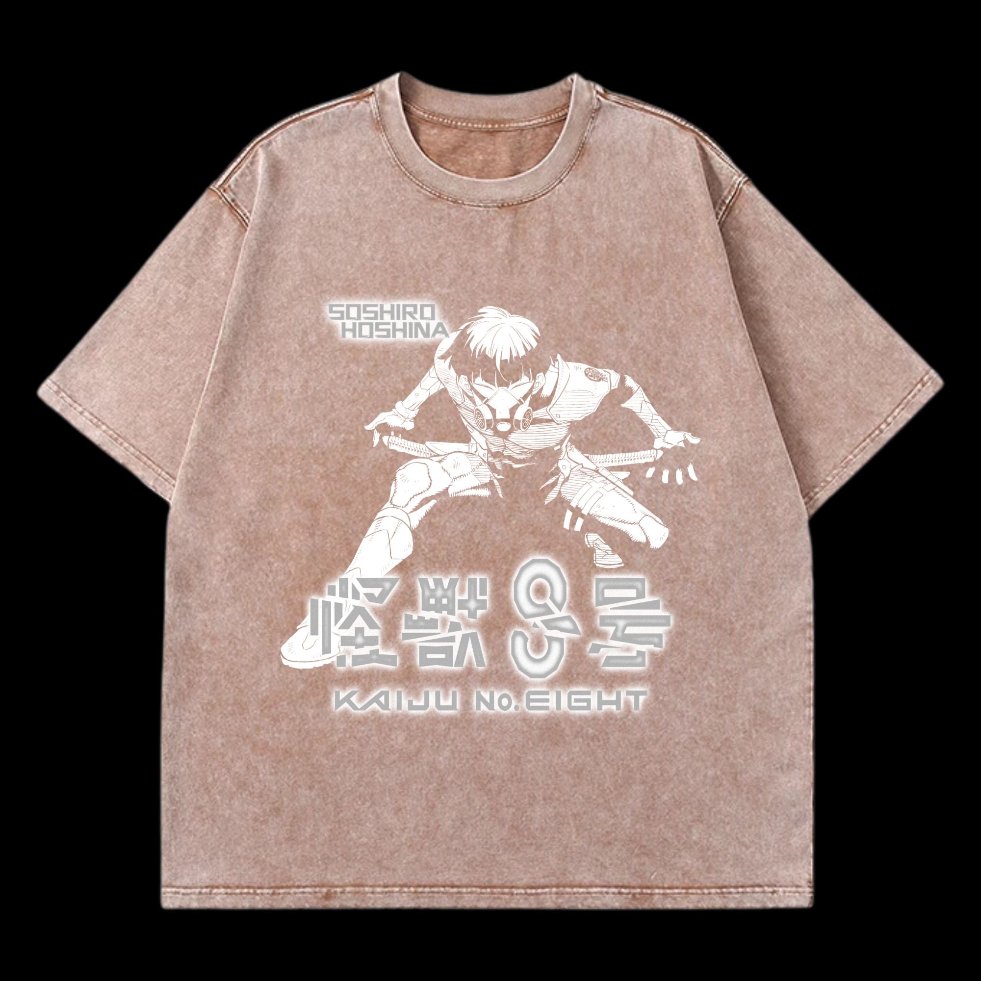 Front view of Soshiro Hoshina Washed T-Shirt showcasing Kaiju No. 8-inspired design.