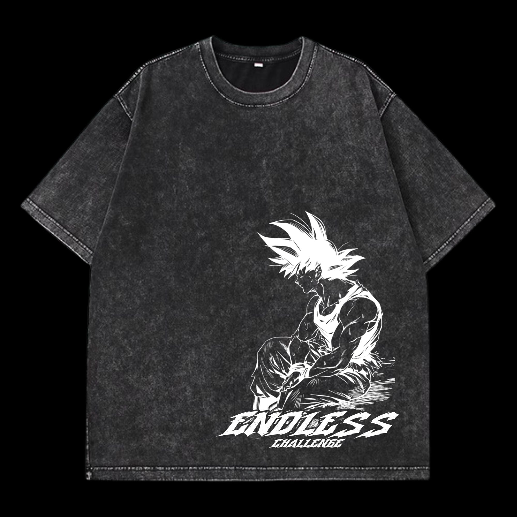 Front view of Goku Endless Challenge vintage washed t-shirt