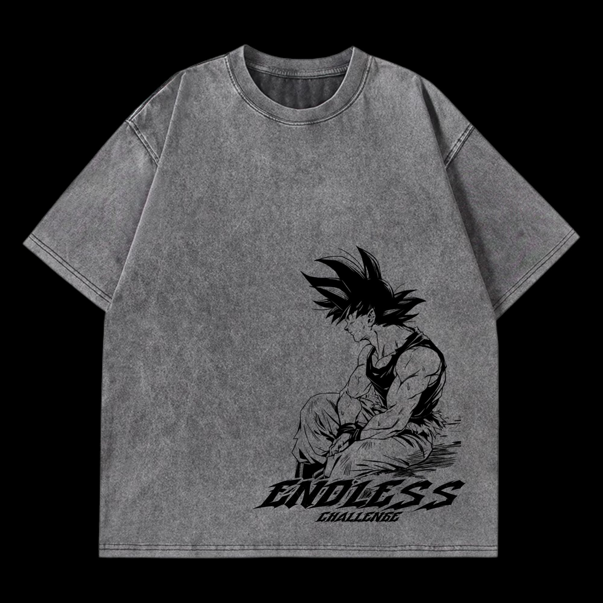 Front view of Goku Endless Challenge vintage washed t-shirt