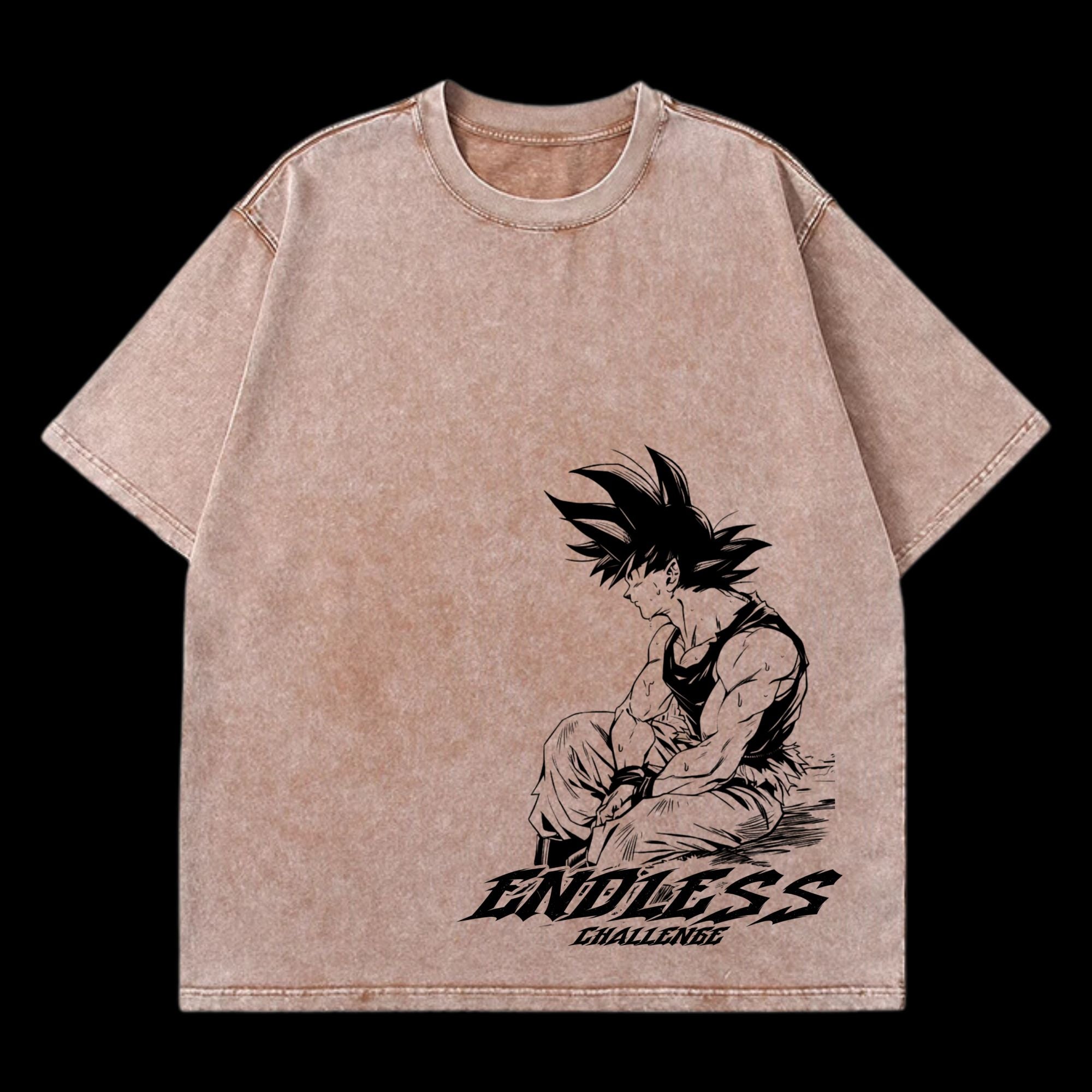 Front view of Goku Endless Challenge vintage washed t-shirt