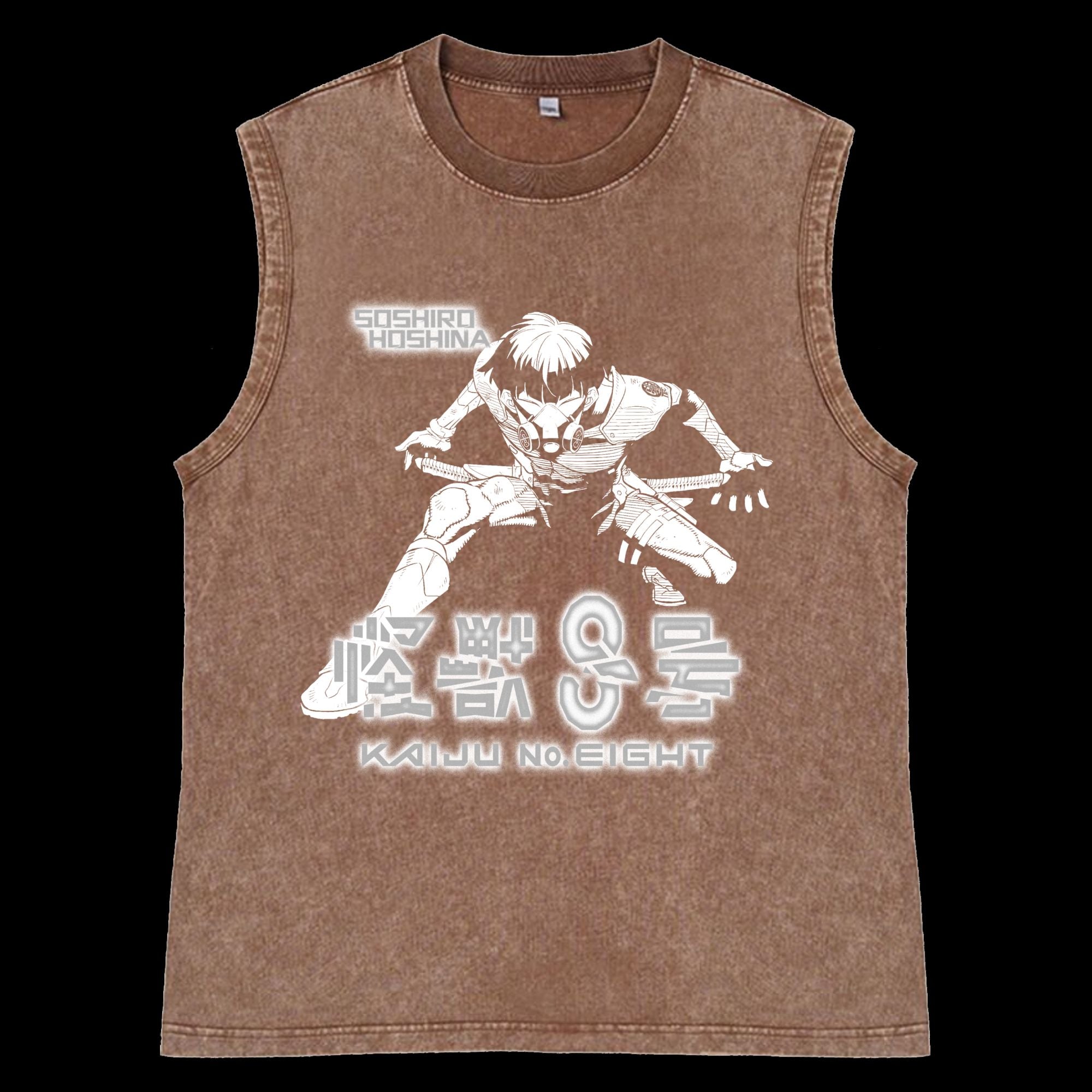 Front view of Soshiro Hoshina Vintage Washed TankTop featuring bold Kaiju No. 8 artwork.