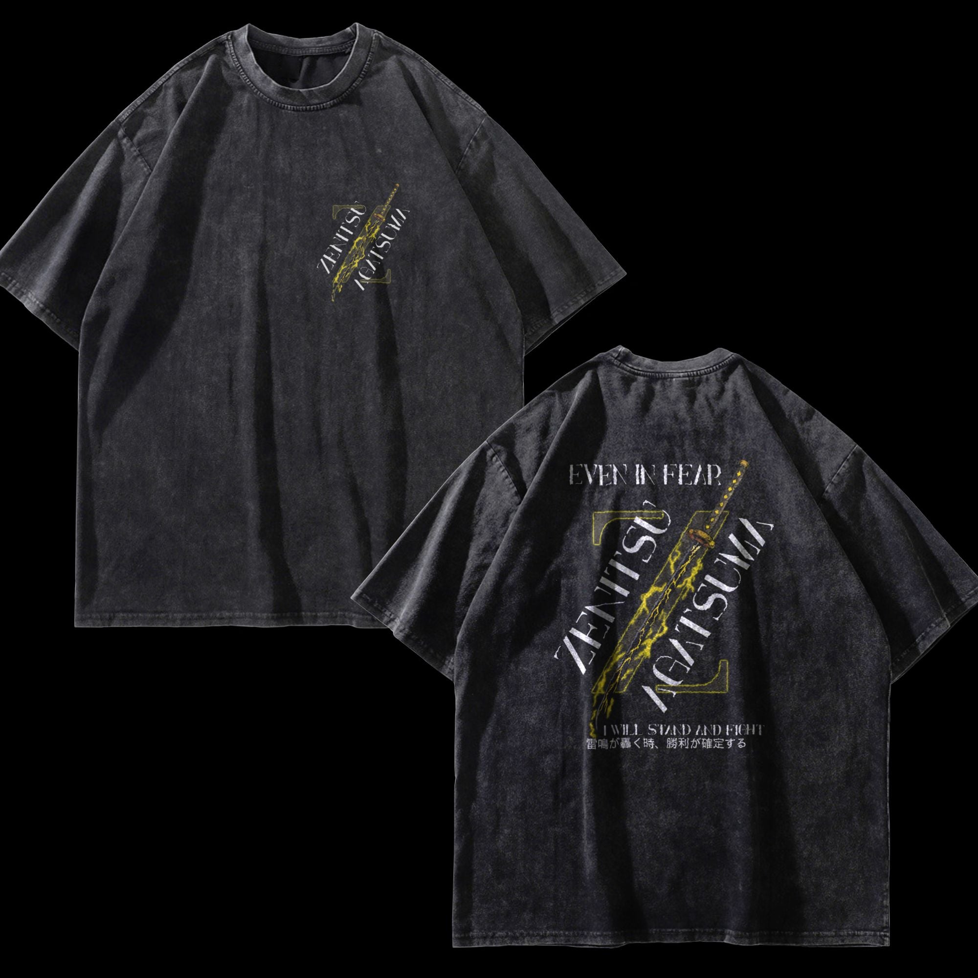 Full view of Zenitsu Sword Vintage Washed T-Shirt showcasing front and back designs with lightning sword motif